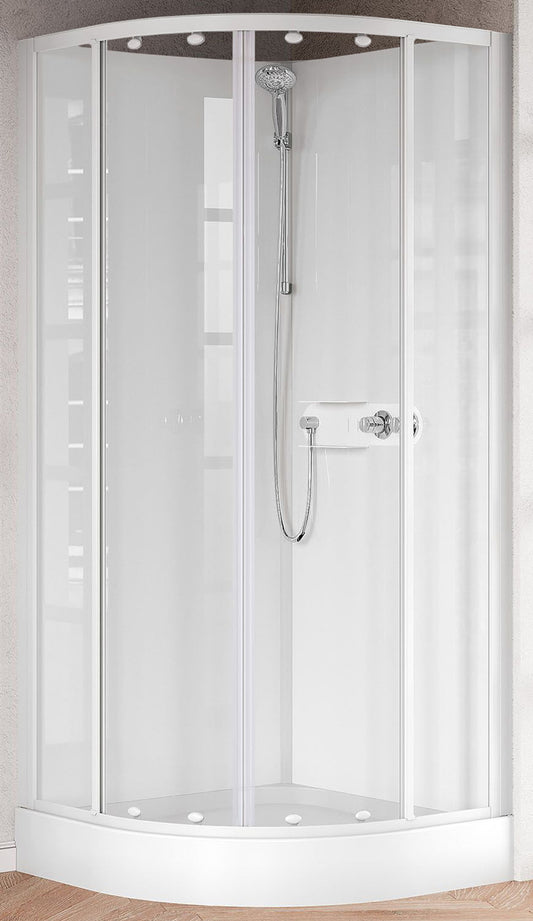 Novellini Media Glass R Standard 90x90 cm Cabina Doccia Multifunzione Simmetrica Semicircolare Apertura 2 Ante Scorrevoli 2 Fisse Installazione Angolo Sinistra Destra Miscelatore Termostatico Vetro Trasparente Profilo Bianco Piatto Ripiani Altezza 210 cm