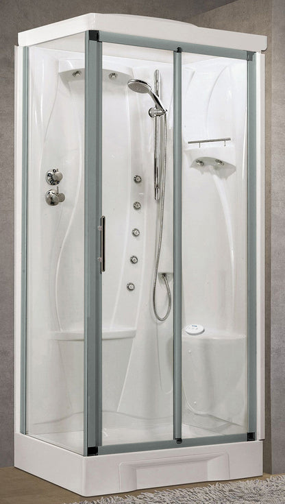 Novellini New Holiday 2P+F Hammam 100x70 cm Cabina Doccia Multifunzione Apertura 1 Anta Scorrevole Seduta Destra Miscelatore Termostatico Vetro Trasparente Profilo Silver Idromassaggio Sauna Vapore Tettuccio Soffione Radio Telecomando Asta Altezza 225,5cm