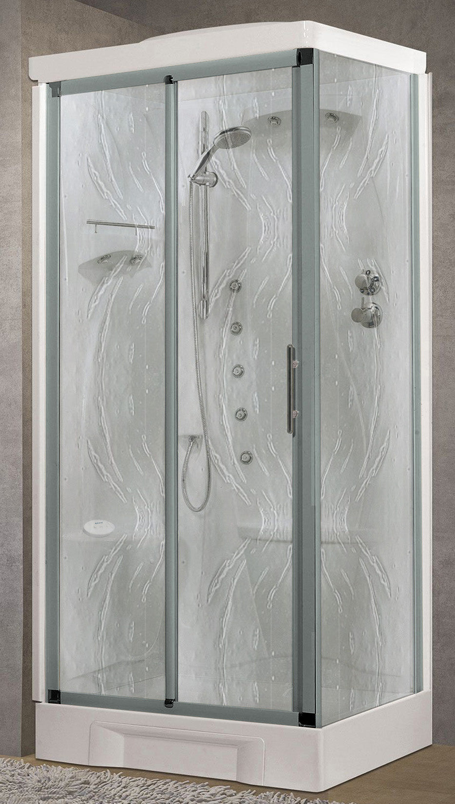 Novellini New Holiday 2P+F Hammam 100x70 cm Cabina Doccia Multifunzione Apertura 1 Anta Scorrevole Seduta Sinistra Miscelatore Meccanico Vetro Aqua Profilo Silver Idromassaggio Sauna Vapore Tettuccio Soffione Radio Telecomando Asta Doccetta Alto 225,5 cm