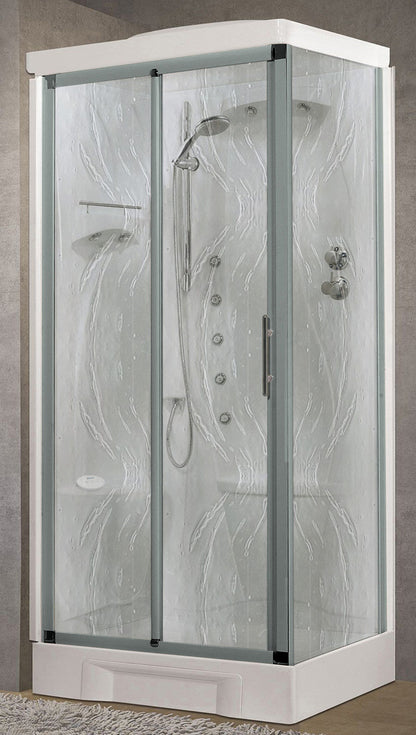 Novellini New Holiday 2P+F Hammam 100x70 cm Cabina Doccia Multifunzione Apertura 1 Anta Scorrevole Seduta Sinistra Miscelatore Meccanico Vetro Aqua Profilo Silver Idromassaggio Sauna Vapore Tettuccio Soffione Radio Telecomando Asta Doccetta Alto 225,5 cm