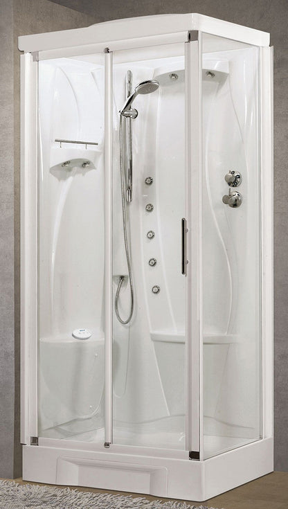 Novellini New Holiday 2P+F Hammam 100x70 cm Cabina Doccia Multifunzione Apertura 1 Anta Scorrevole Seduta Sinistra Miscelatore Termostatico Vetro Trasparente Profilo Bianco Idromassaggio Sauna Vapore Tettuccio Soffione Radio Telecomando Asta Alto 225,5 cm