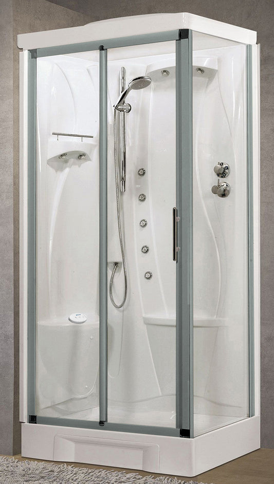 Novellini New Holiday 2P+F Hammam 100x70 cm Cabina Doccia Multifunzione Apertura 1 Anta Scorrevole Seduta Sinistra Miscelatore Meccanico Vetro Trasparente Profilo Silver Idromassaggio Sauna Vapore Tettuccio Soffione Radio Telecomando Asta Altezza 225,5 cm