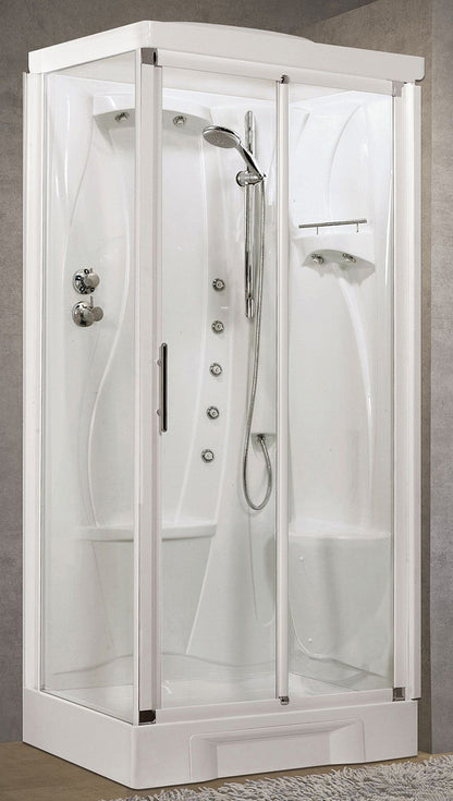 Novellini New Holiday 2P+F Idromassaggio Con Tettuccio e Soffione 100x70 cm Cabina Doccia Multifunzione Apertura 1 Anta Scorrevole 1 Fissa Linea 1 Laterale Seduta Destra Miscelatore Meccanico Vetro Trasparente Profilo Bianco Rotopioggia Altezza 217,5 cm