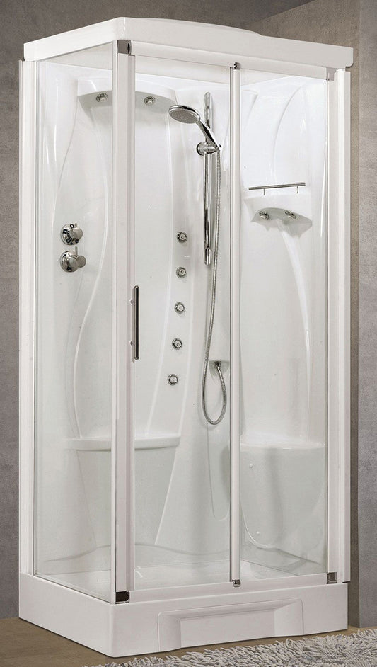 Novellini New Holiday 2P+F Idromassaggio Con Tettuccio e Soffione 100x70 cm Cabina Doccia Multifunzione Apertura 1 Anta Scorrevole 1 Fissa Linea 1 Laterale Seduta Destra Miscelatore Meccanico Vetro Trasparente Profilo Bianco Rotopioggia Altezza 217,5 cm