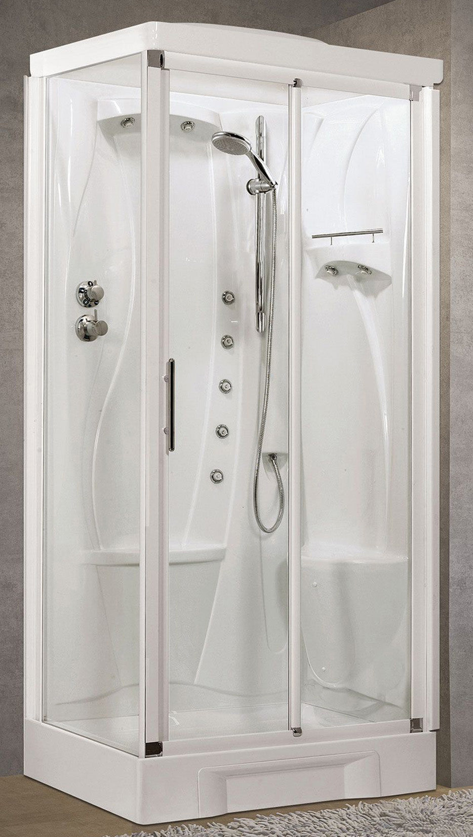 Novellini New Holiday 2P+F Idromassaggio Con Tettuccio e Soffione 100x70 cm Cabina Doccia Multifunzione Apertura 1 Anta Scorrevole 1 Fissa Linea 1 Laterale Seduta Destra Miscelatore Termostatico Vetro Trasparente Profilo Bianco Rotopioggia Altezza 217,5cm