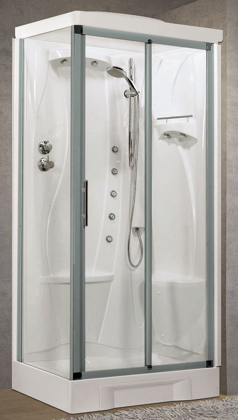 Novellini New Holiday 2P+F Idromassaggio Con Tettuccio e Soffione 100x70 cm Cabina Doccia Multifunzione Apertura 1 Anta Scorrevole 1 Fissa Linea 1 Laterale Seduta Destra Miscelatore Termostatico Vetro Trasparente Profilo Silver Rotopioggia Altezza 217,5cm