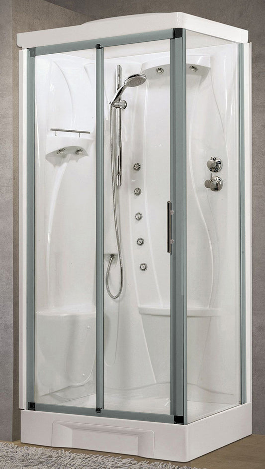 Novellini New Holiday 2P+F Idromassaggio Con Tettuccio e Soffione 100x70 cm Cabina Doccia Multifunzione Apertura 1 Anta Scorrevole 1 Fissa Linea 1 Laterale Seduta Sinistra Miscelatore Meccanico Vetro Trasparente Profilo Silver Rotopioggia Altezza 217,5 cm