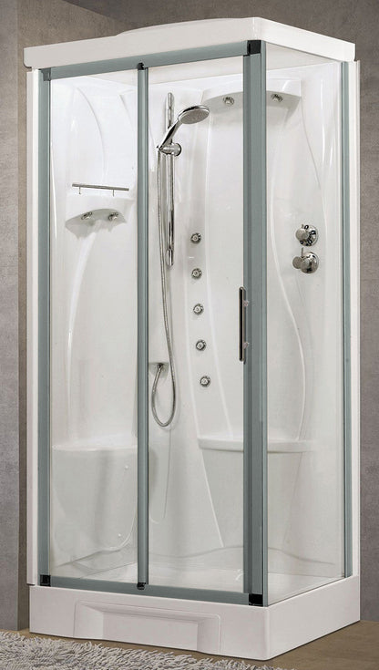 Novellini New Holiday 2P+F Idromassaggio Con Tettuccio e Soffione 100x70 cm Cabina Doccia Multifunzione Apertura 1 Anta Scorrevole 1 Fissa Linea 1 Laterale Seduta Sinistra Miscelatore Termostatico Vetro Trasparente Profilo Silver Rotopioggia Alto 217,5 cm