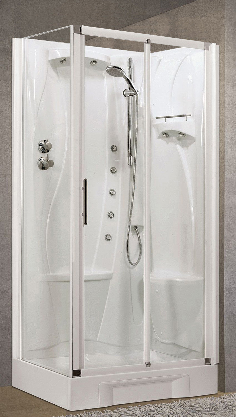 Novellini New Holiday 2P+F Idromassaggio 100x70 cm Cabina Doccia Multifunzione Apertura 1 Anta Scorrevole 1 Fissa Linea 1 Laterale Seduta Destra Miscelatore Meccanico Vetro Trasparente Profilo Bianco Piatto Ripiano Asta Doccetta Rotopioggia Altezza 206 cm