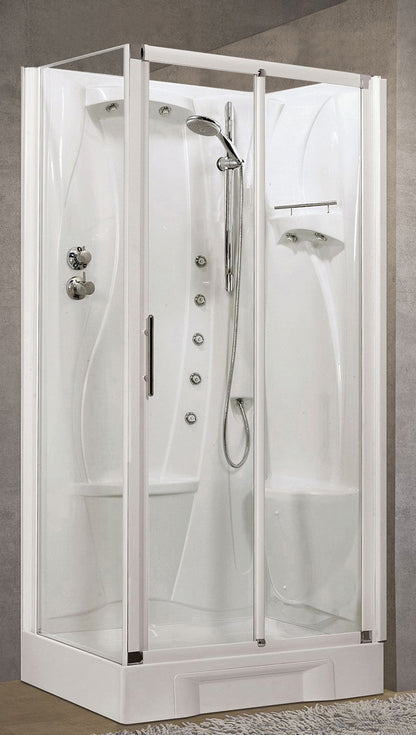 Novellini New Holiday 2P+F Idromassaggio 100x70 cm Cabina Doccia Multifunzione Apertura 1 Anta Scorrevole 1 Fissa Linea 1 Laterale Seduta Destra Miscelatore Termostatico Vetro Trasparente Profilo Bianco Piatto Ripiano Doccetta Rotopioggia Altezza 206 cm