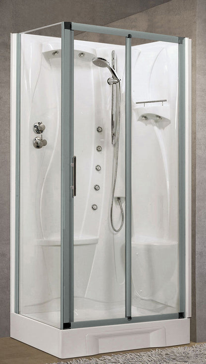 Novellini New Holiday 2P+F Idromassaggio 100x70 cm Cabina Doccia Multifunzione Apertura 1 Anta Scorrevole 1 Fissa Linea 1 Laterale Seduta Destra Miscelatore Meccanico Vetro Trasparente Profilo Silver Piatto Ripiano Asta Doccetta Rotopioggia Altezza 206 cm