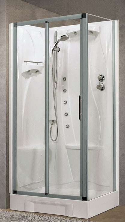 Novellini New Holiday 2P+F Idromassaggio 100x70 cm Cabina Doccia Multifunzione Apertura 1 Anta Scorrevole 1 Fissa Linea 1 Laterale Seduta Sinistra Miscelatore Termostatico Vetro Trasparente Profilo Silver Piatto Ripiano Doccetta Rotopioggia Alto 206 cm