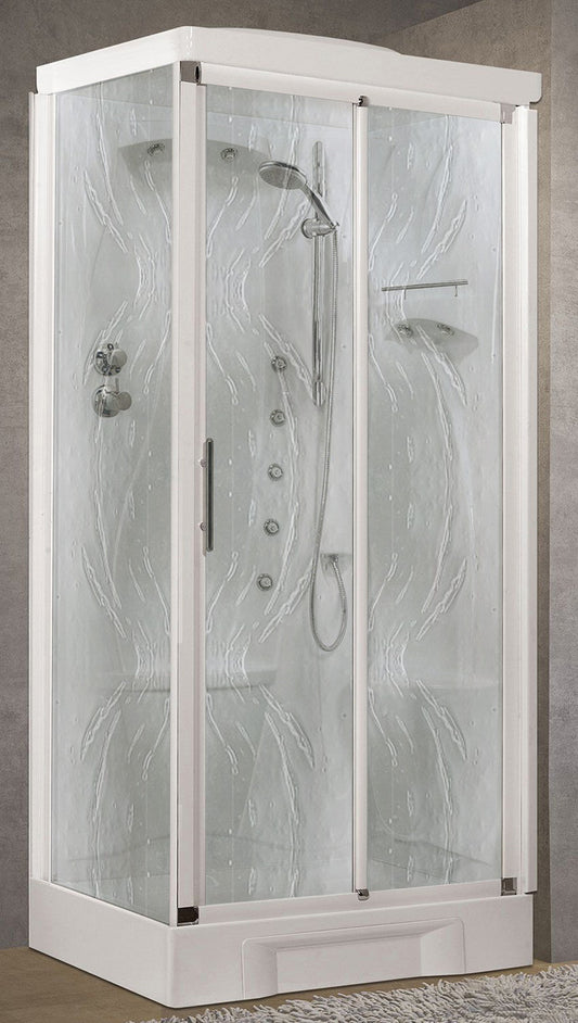 Novellini New Holiday 2P+F Idromassaggio Con Tettuccio e Soffione 100x70 cm Cabina Doccia Multifunzione Apertura 1 Anta Scorrevole 1 Fissa Linea 1 Laterale Seduta Destra Miscelatore Termostatico Vetro Aqua Profilo Bianco Rotopioggia Asta Altezza 217,5 cm