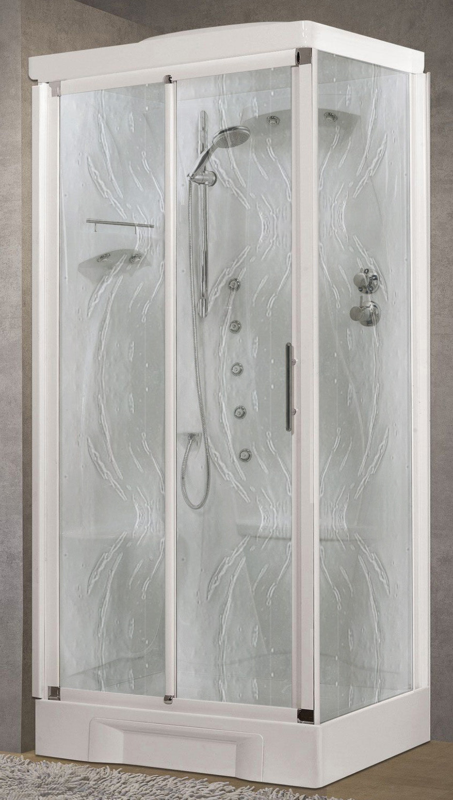 Novellini New Holiday 2P+F Idromassaggio Con Tettuccio e Soffione 100x70 cm Cabina Doccia Multifunzione Apertura 1 Anta Scorrevole 1 Fissa Linea 1 Laterale Seduta Sinistra Miscelatore Meccanico Vetro Aqua Profilo Bianco Rotopioggia Asta Altezza 217,5 cm