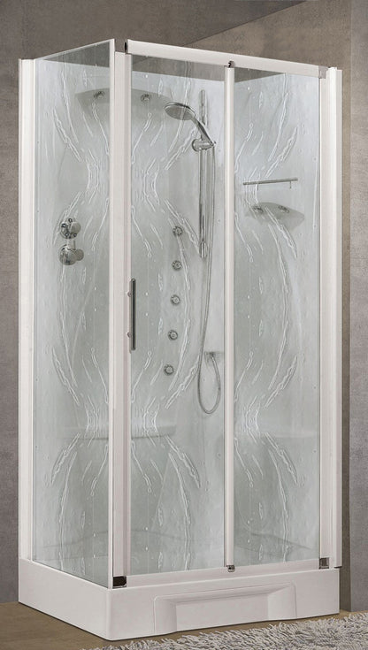 Novellini New Holiday 2P+F Idromassaggio 100x70 cm Cabina Doccia Multifunzione Apertura 1 Anta Scorrevole 1 Fissa Linea 1 Laterale Seduta Destra Miscelatore Termostatico Vetro Aqua Profilo Bianco Piatto Ripiano Asta Doccetta Mano Rotopioggia Altezza 206cm