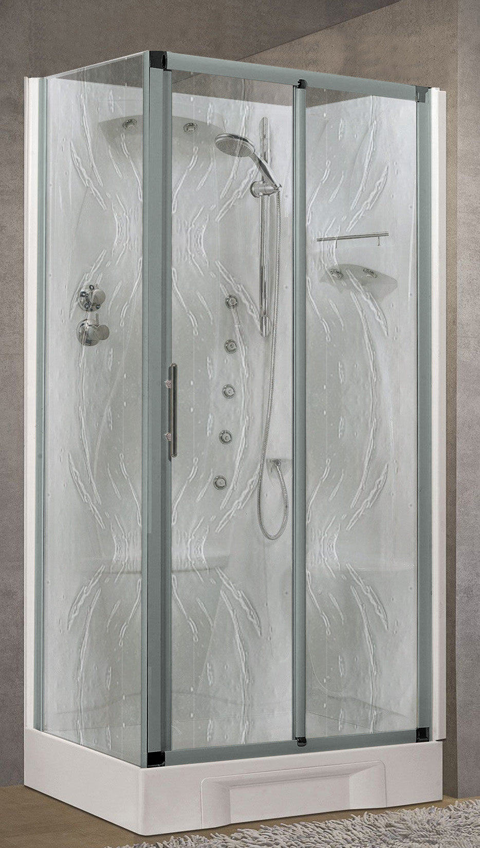 Novellini New Holiday 2P+F Idromassaggio 100x70 cm Cabina Doccia Multifunzione Apertura 1 Anta Scorrevole 1 Fissa Linea 1 Laterale Seduta Destra Miscelatore Meccanico Vetro Aqua Profilo Silver Piatto Ripiano Asta Doccetta Mano Rotopioggia Altezza 206 cm