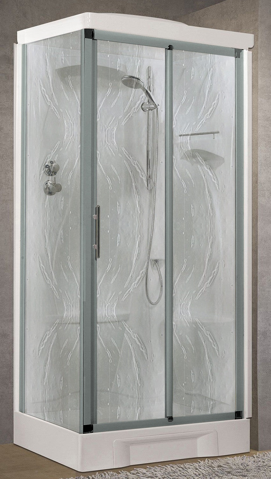 Novellini New Holiday 2P+F Standard Con Tettuccio 100x70 cm Cabina Doccia Multifunzione Apertura 1 Anta Scorrevole 1 Fissa Linea 1 Laterale Seduta Destra Miscelatore Meccanico Vetro Aqua Profilo Silver Piatto Ripiano Asta Doccetta a Mano Altezza 217,5 cm