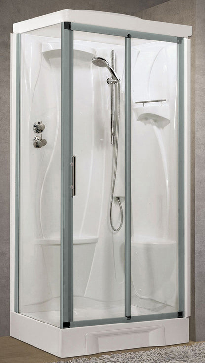 Novellini New Holiday 2P+F Standard Con Tettuccio 100x70 cm Cabina Doccia Multifunzione Apertura 1 Anta Scorrevole 1 Fissa Linea 1 Laterale Seduta Destra Miscelatore Meccanico Vetro Trasparente Profilo Silver Piatto Ripiano Asta Doccetta Altezza 217,5 cm