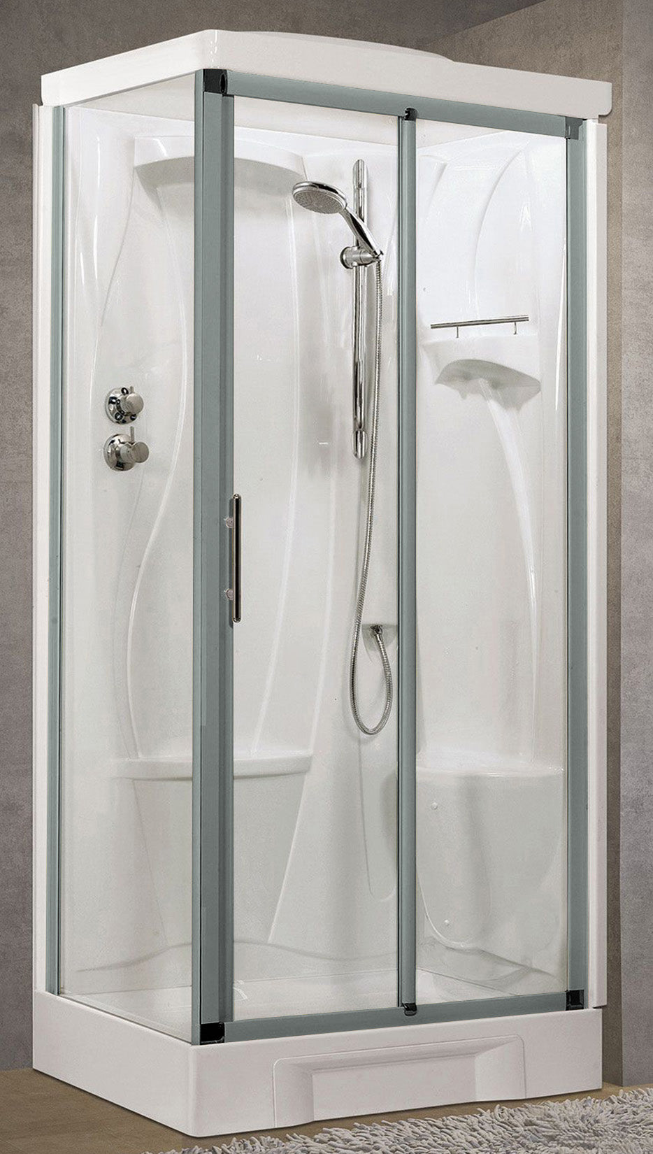 Novellini New Holiday 2P+F Standard Con Tettuccio 100x70 cm Cabina Doccia Multifunzione Apertura 1 Anta Scorrevole 1 Fissa Linea 1 Laterale Seduta Destra Miscelatore Termostatico Vetro Trasparente Profilo Silver Piatto Ripiano Asta Doccetta Alto 217,5 cm