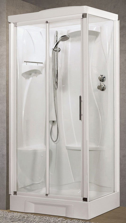 Novellini New Holiday 2P+F Standard Con Tettuccio 100x70 cm Cabina Doccia Multifunzione Apertura 1 Anta Scorrevole 1 Fissa Linea 1 Laterale Seduta Sinistra Miscelatore Meccanico Vetro Trasparente Profilo Bianco Piatto Ripiano Asta Doccetta Altezza 217,5cm