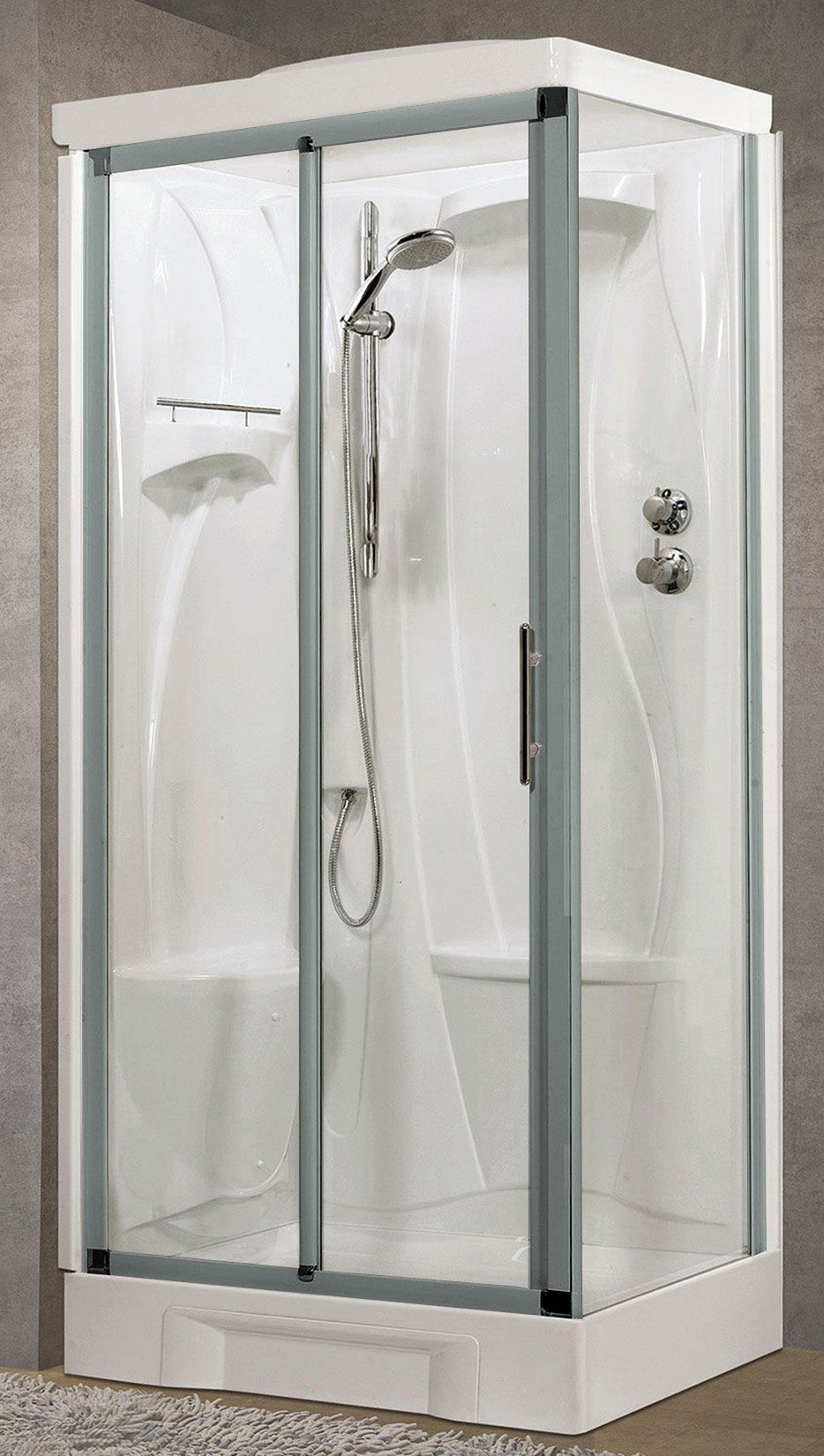 Novellini New Holiday 2P+F Standard Tettuccio 100x70 cm Cabina Doccia Multifunzione Apertura 1 Anta Scorrevole 1 Fissa Linea 1 Laterale Seduta Sinistra Miscelatore Termostatico Vetro Trasparente Profilo Silver Piatto Ripiano Asta Doccetta Altezza 217,5 cm