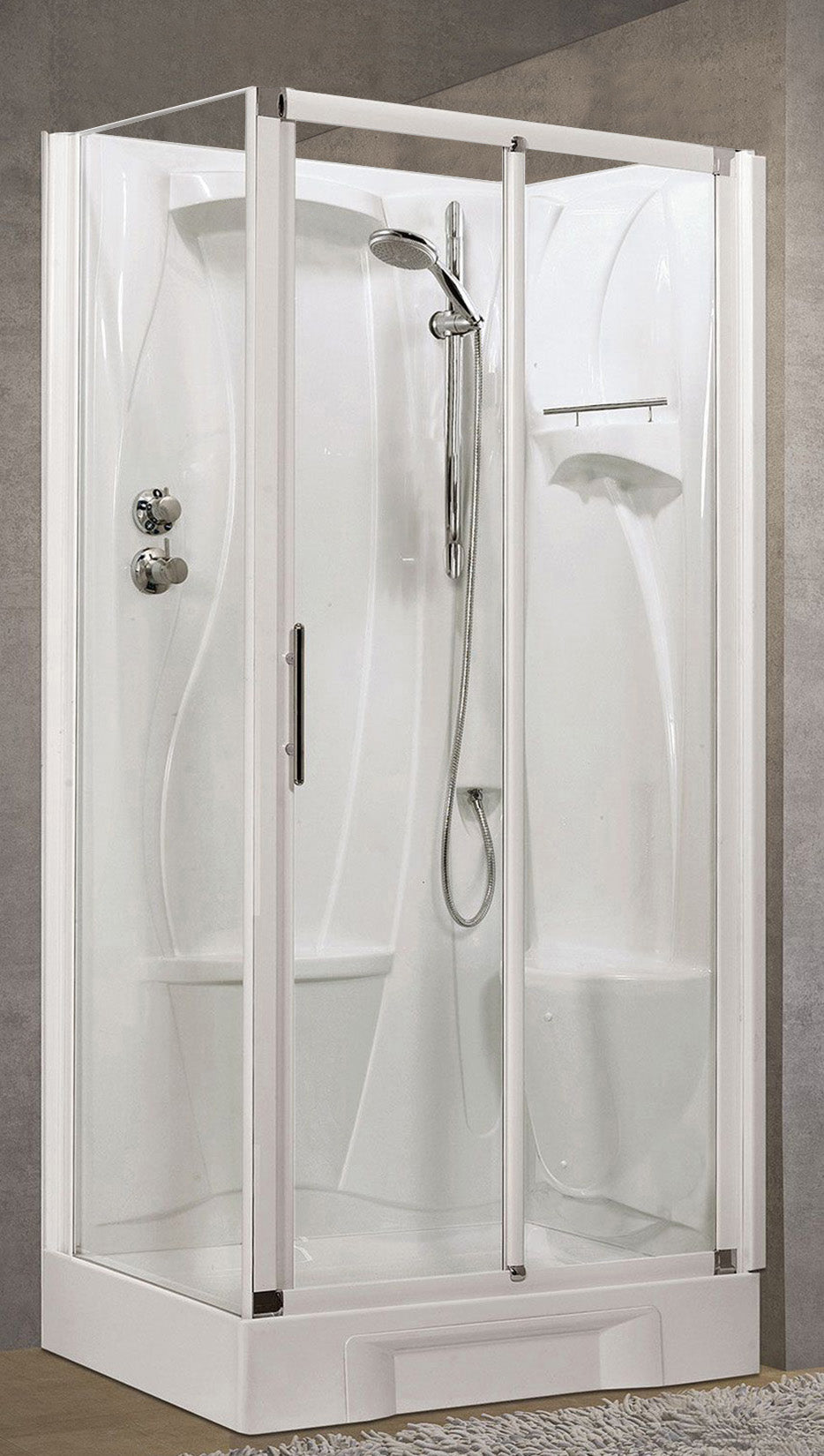 Novellini New Holiday 2P+F Standard 100x70 cm Cabina Doccia Multifunzione Apertura 1 Anta Scorrevole 1 Fissa Linea 1 Laterale Installazione Destra Miscelatore Meccanico Vetro Trasparente Profilo Bianco Piatto Ripiano Asta Doccetta Seduta Altezza 206 cm