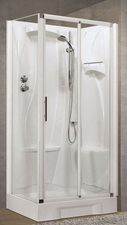 Novellini New Holiday 2P+F Standard 100x70 cm Cabina Doccia Multifunzione Apertura 1 Anta Scorrevole 1 Fissa Linea 1 Laterale Installazione Destra Miscelatore Termostatico Vetro Trasparente Profilo Bianco Piatto Ripiano Asta Doccetta Seduta Altezza 206 cm