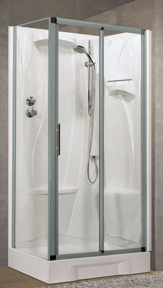 Novellini New Holiday 2P+F Standard 100x70 cm Cabina Doccia Multifunzione Apertura 1 Anta Scorrevole 1 Fissa Linea 1 Laterale Installazione Destra Miscelatore Termostatico Vetro Trasparente Profilo Silver Piatto Ripiano Asta Doccetta Seduta Altezza 206 cm