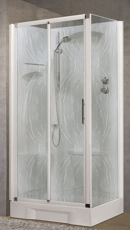 Novellini New Holiday 2P+F Standard 100x70 cm Cabina Doccia Multifunzione Apertura 1 Anta Scorrevole 1 Fissa Linea 1 Laterale Installazione Sinistra Miscelatore Termostatico Vetro Aqua Profilo Bianco Piatto Ripiano Asta Doccetta Mano Seduta Altezza 206 cm