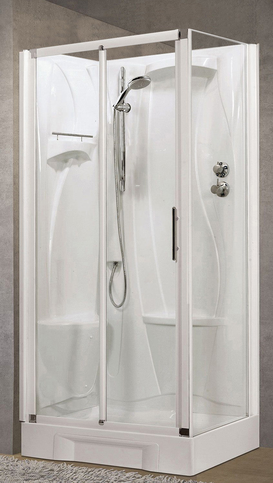 Novellini New Holiday 2P+F Standard 100x70 cm Cabina Doccia Multifunzione Apertura 1 Anta Scorrevole 1 Fissa Linea 1 Laterale Installazione Sinistra Miscelatore Meccanico Vetro Trasparente Profilo Bianco Piatto Ripiano Asta Doccetta Seduta Altezza 206 cm