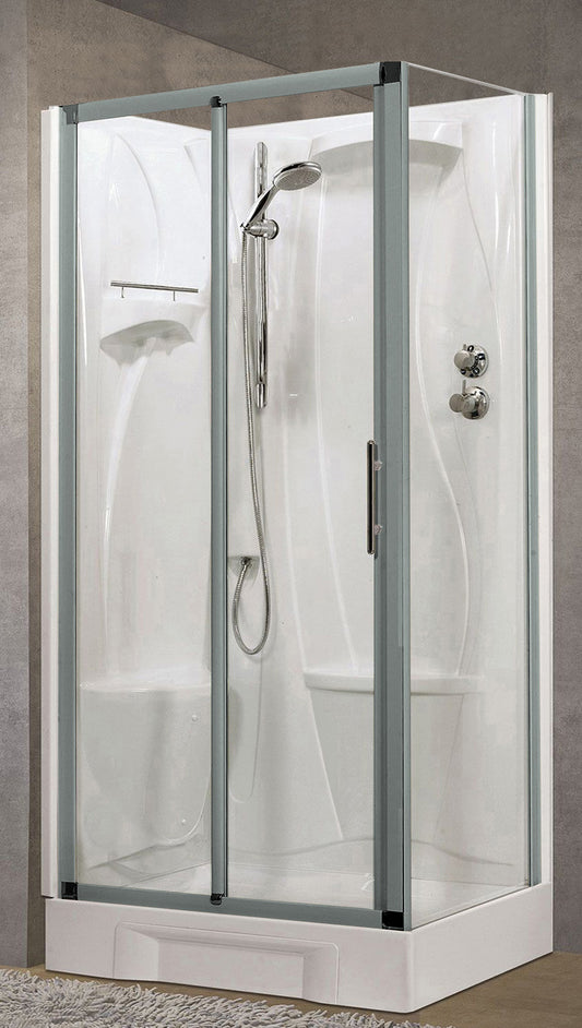 Novellini New Holiday 2P+F Standard 100x70 cm Cabina Doccia Multifunzione Apertura 1 Anta Scorrevole 1 Fissa Linea 1 Laterale Installazione Sinistra Miscelatore Meccanico Vetro Trasparente Profilo Silver Piatto Ripiano Asta Doccetta Seduta Altezza 206 cm