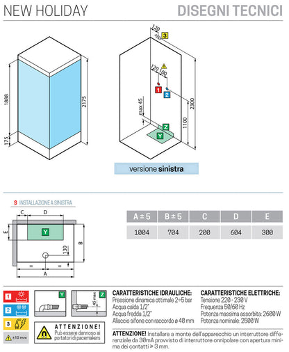 Novellini New Holiday 2P+F Idromassaggio Con Tettuccio e Soffione 100x70 cm Cabina Doccia Multifunzione Apertura 1 Anta Scorrevole 1 Fissa Linea 1 Laterale Seduta Sinistra Miscelatore Termostatico Vetro Aqua Profilo Bianco Rotopioggia Asta Altezza 217,5cm