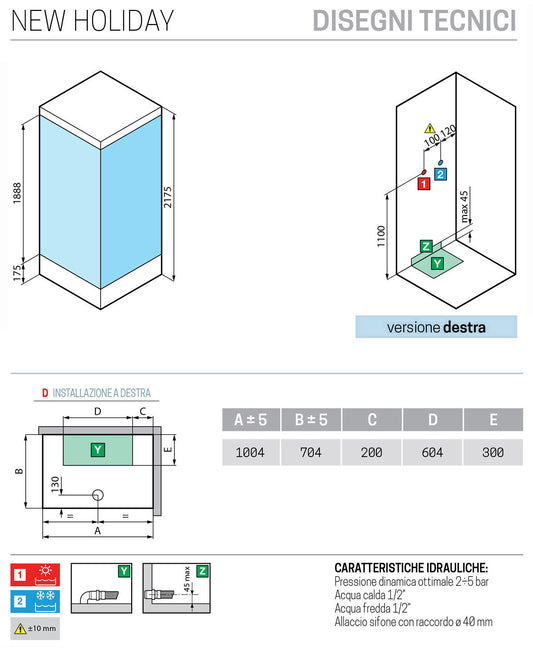 Novellini New Holiday 2P+F Standard Con Tettuccio 100x70 cm Cabina Doccia Multifunzione Apertura 1 Anta Scorrevole 1 Fissa Linea 1 Laterale Seduta Destra Miscelatore Termostatico Vetro Aqua Profilo Bianco Piatto Ripiano Asta Doccetta Mano Altezza 217,5 cm