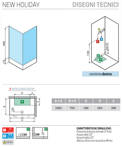 Novellini New Holiday 2P+F Standard 100x70 cm Cabina Doccia Multifunzione Apertura 1 Anta Scorrevole 1 Fissa Linea 1 Laterale Installazione Destra Miscelatore Meccanico Vetro Trasparente Profilo Bianco Piatto Ripiano Asta Doccetta Seduta Altezza 206 cm