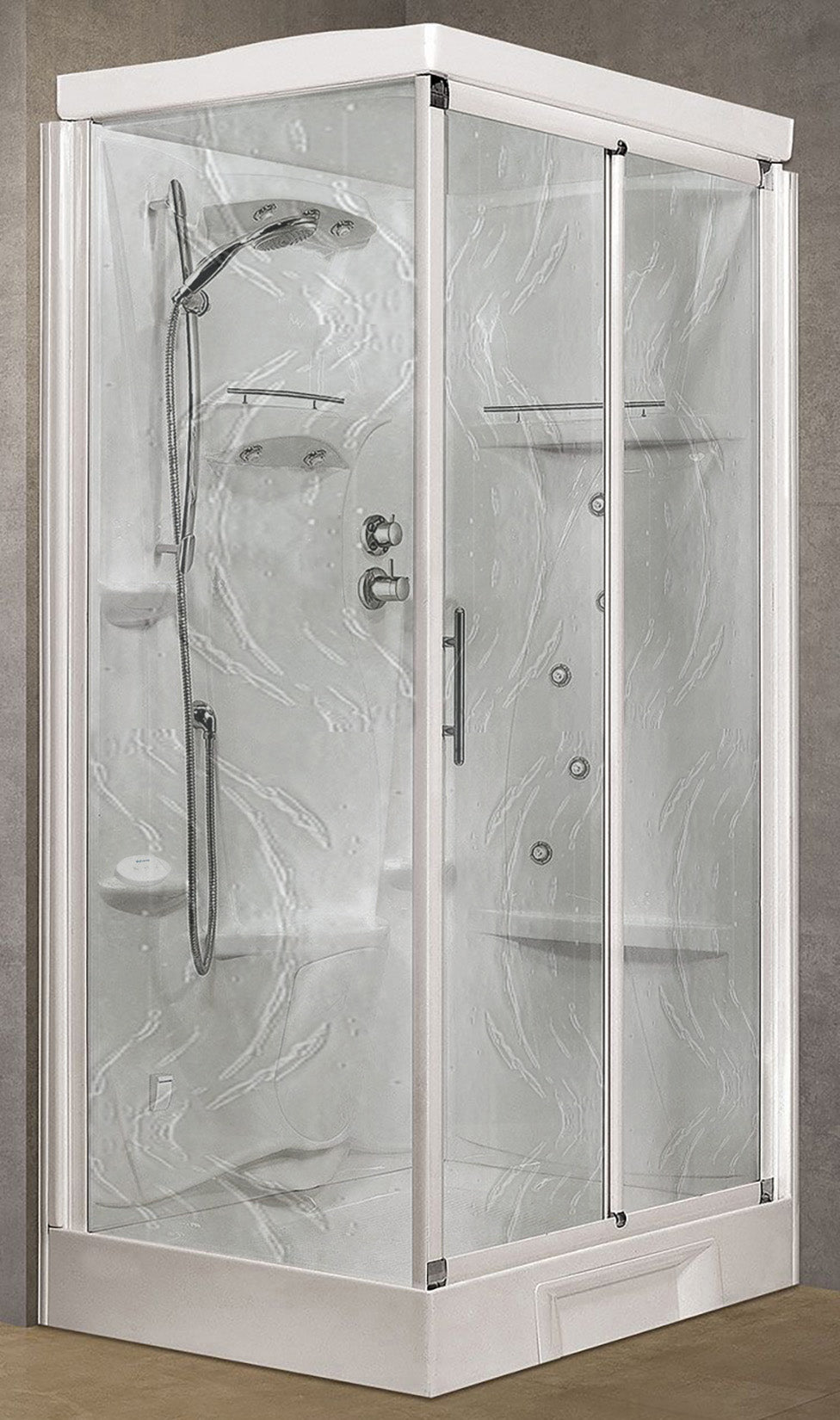 Novellini New Holiday 2P+F Hammam 120x80 cm Cabina Doccia Multifunzione Apertura 1 Anta Scorrevole Miscelatore Meccanico Vetro Aqua Profilo Bianco Pannelli Reversibili Idro Sauna Vapore Tettuccio Soffione Radio Telecomando Asta Doccetta Altezza 225,5 cm