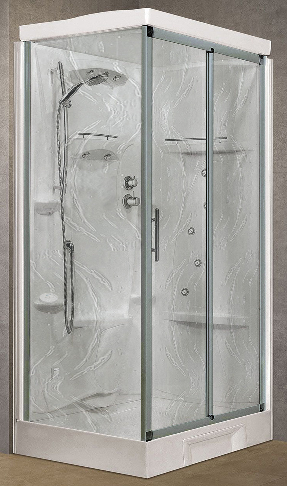 Novellini New Holiday 2P+F Hammam 120x80 cm Cabina Doccia Multifunzione Apertura 1 Anta Scorrevole Miscelatore Termostatico Vetro Aqua Profilo Silver Pannelli Reversibili Idro Sauna Vapore Tettuccio Soffione Radio Telecomando Asta Doccetta Altezza 225,5cm