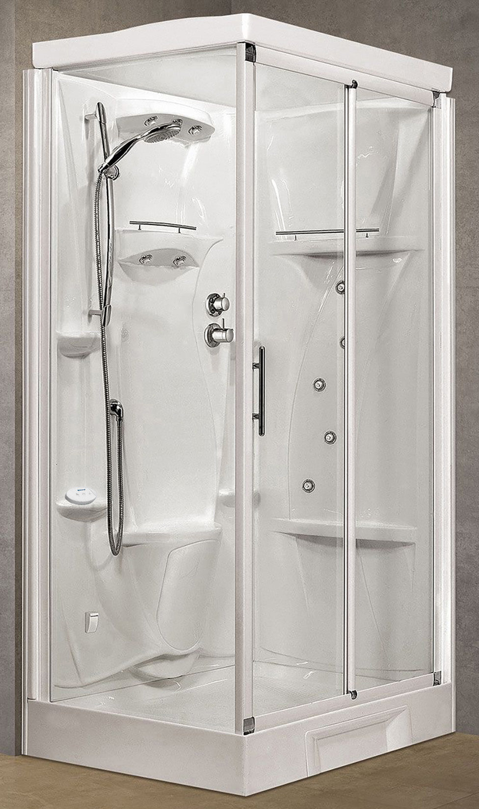 Novellini New Holiday 2P+F Hammam 120x80 cm Cabina Doccia Multifunzione Apertura 1 Anta Scorrevole Miscelatore Termostatico Vetro Trasparente Profilo Bianco Pannelli Reversibili Idro Sauna Vapore Tettuccio Soffione Radio Telecomando Asta Altezza 225,5 cm