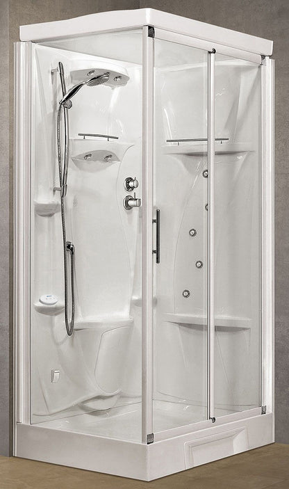 Novellini New Holiday 2P+F Hammam 120x80 cm Cabina Doccia Multifunzione Apertura 1 Anta Scorrevole Miscelatore Termostatico Vetro Trasparente Profilo Bianco Pannelli Reversibili Idro Sauna Vapore Tettuccio Soffione Radio Telecomando Asta Altezza 225,5 cm