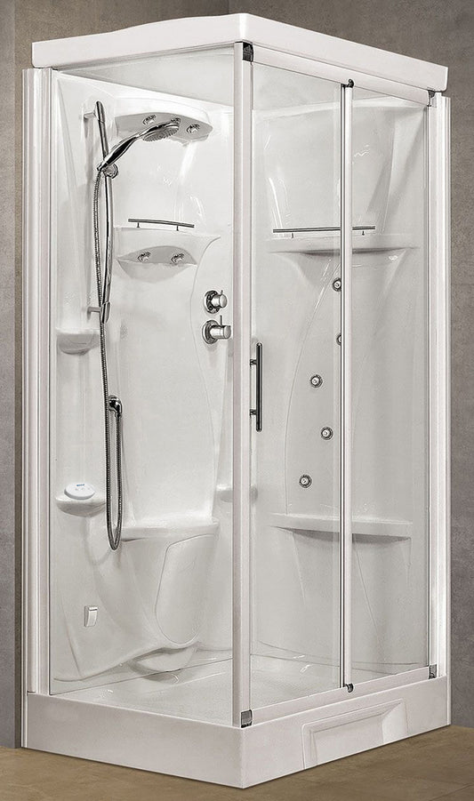 Novellini New Holiday 2P+F Hammam 120x80 cm Cabina Doccia Multifunzione Apertura 1 Anta Scorrevole Miscelatore Termostatico Vetro Trasparente Profilo Bianco Pannelli Reversibili Idro Sauna Vapore Tettuccio Soffione Radio Telecomando Asta Altezza 225,5 cm