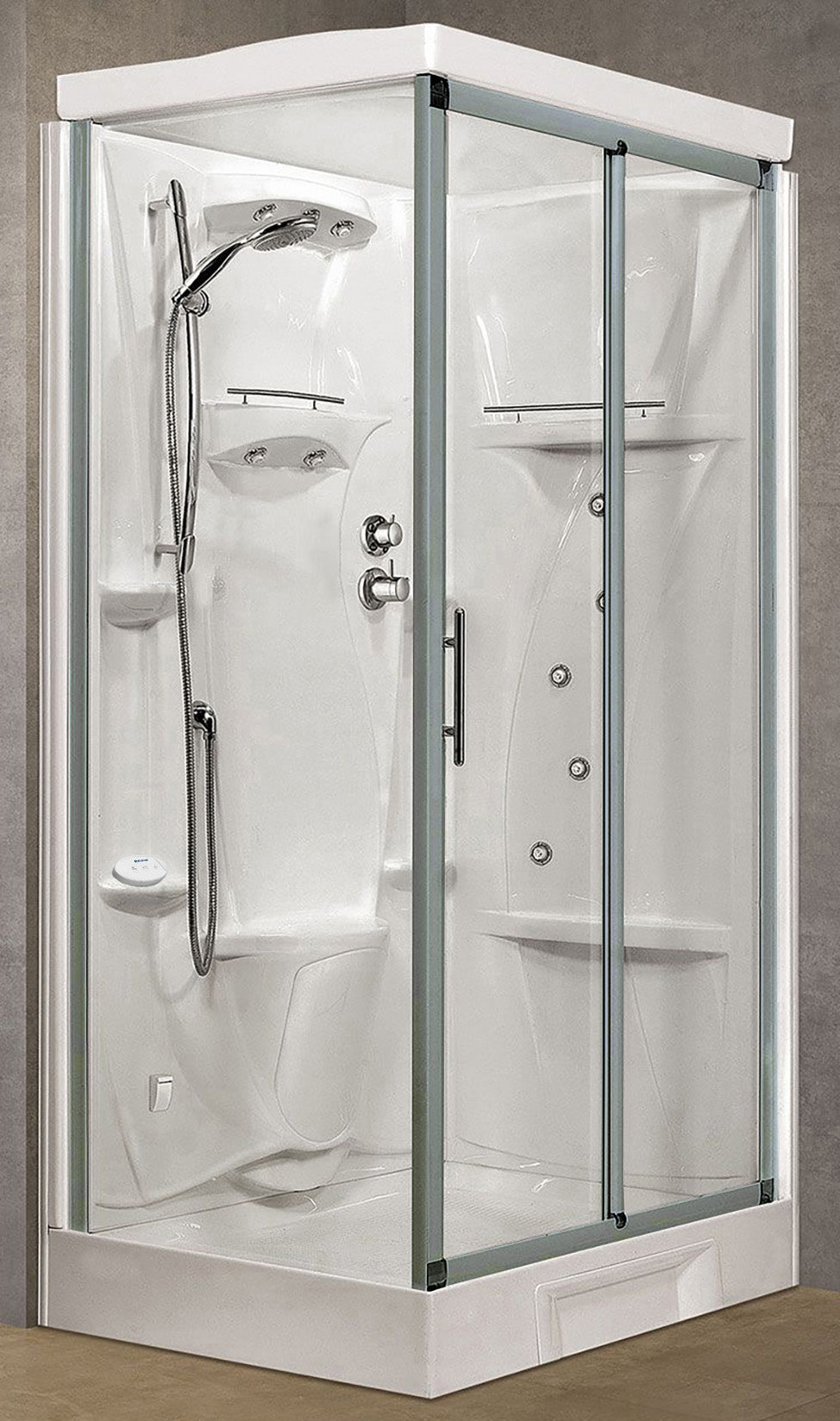 Novellini New Holiday 2P+F Hammam 120x80 cm Cabina Doccia Multifunzione Apertura 1 Anta Scorrevole Miscelatore Termostatico Vetro Trasparente Profilo Silver Pannelli Reversibili Idro Sauna Vapore Tettuccio Soffione Radio Telecomando Asta Altezza 225,5 cm