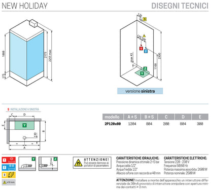 Novellini New Holiday 2P+F Hammam 120x80 cm Cabina Doccia Multifunzione Apertura 1 Anta Scorrevole Miscelatore Meccanico Vetro Aqua Profilo Bianco Pannelli Reversibili Idro Sauna Vapore Tettuccio Soffione Radio Telecomando Asta Doccetta Altezza 225,5 cm