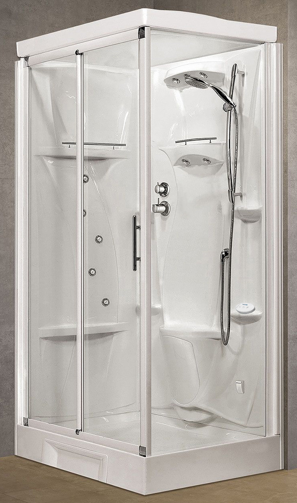 Novellini New Holiday 2P+F Hammam 120x80 cm Cabina Doccia Multifunzione Apertura 1 Anta Scorrevole Miscelatore Meccanico Vetro Trasparente Profilo Bianco Pannelli Reversibili Idro Sauna Vapore Tettuccio Soffione Radio Telecomando Asta Altezza 225,5 cm