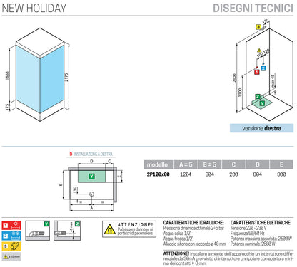 Novellini New Holiday 2P+F Idromassaggio Con Tettuccio e Soffione 120x80 cm Cabina Doccia Multifunzione Apertura 1 Anta Scorrevole 1 Fissa Linea 1 Laterale Reversibile Miscelatore Termostatico Vetro Aqua Profilo Bianco Rotopioggia Doccetta Altezza 217,5cm