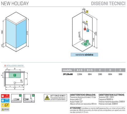 Novellini New Holiday 2P+F Idromassaggio Con Tettuccio e Soffione 120x80 cm Cabina Doccia Multifunzione Apertura 1 Anta Scorrevole 1 Fissa Linea 1 Laterale Reversibile Miscelatore Meccanico Vetro Aqua Profilo Silver Rotopioggia Doccetta Altezza 217,5 cm