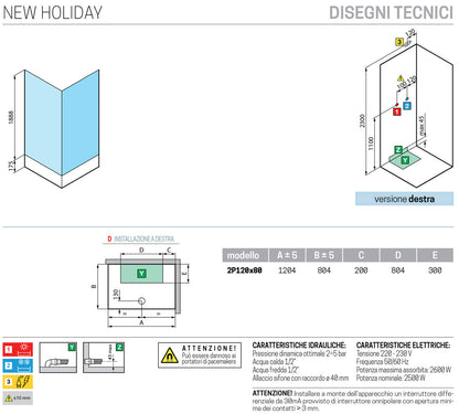 Novellini New Holiday 2P+F Idromassaggio 120x80 cm Cabina Doccia Multifunzione Apertura 1 Anta Scorrevole 1 Fissa Linea 1 Laterale Seduta Reversibile Miscelatore Termostatico Vetro Aqua Profilo Silver Piatto Ripiani Doccetta Mano Rotopioggia Altezza 206cm