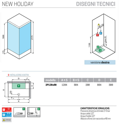 Novellini New Holiday 2P+F Standard Con Tettuccio 120x80 cm Cabina Doccia Multifunzione Apertura 1 Anta Scorrevole 1 Fissa Linea 1 Laterale Reversibile Miscelatore Meccanico Vetro Trasparente Profilo Silver Piatto Ripiani Asta Doccetta Seduta Alto 217,5cm