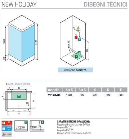 Novellini New Holiday 2P+F Standard Con Tettuccio 120x80 cm Cabina Doccia Multifunzione Apertura 1 Anta Scorrevole 1 Fissa Linea 1 Laterale Reversibile Miscelatore Termostatico Vetro Aqua Profilo Bianco Piatto Ripiani Asta Doccetta Seduta Altezza 217,5 cm