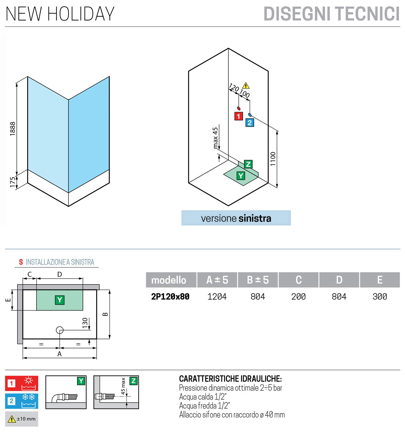Novellini New Holiday 2P+F Standard 120x80 cm Cabina Doccia Multifunzione Apertura 1 Anta Scorrevole 1 Fissa Linea 1 Laterale Installazione Reversibile Miscelatore Meccanico Vetro Trasparente Profilo Silver Piatto Ripiano Doccetta Seduta Altezza 206 cm