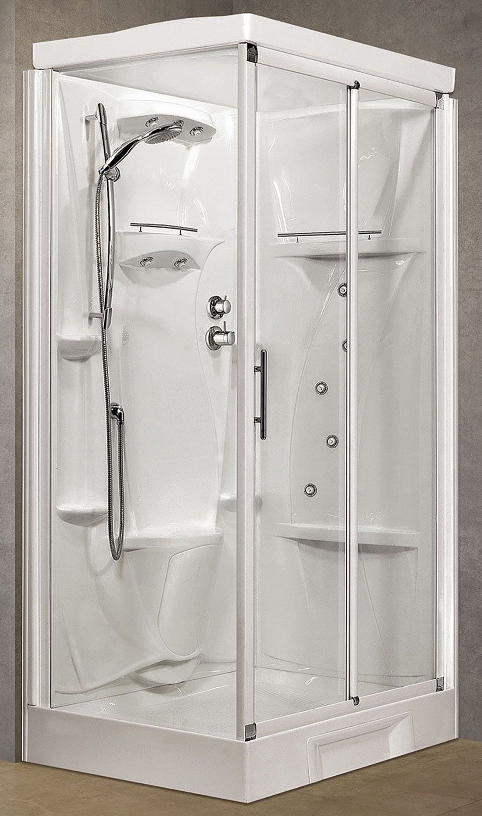 Novellini New Holiday 2P+F Idromassaggio Con Tettuccio e Soffione 120x80 cm Cabina Doccia Multifunzione Apertura 1 Anta Scorrevole 1 Fissa Linea 1 Laterale Reversibile Miscelatore Meccanico Vetro Trasparente Profilo Bianco Rotopioggia Altezza 217,5 cm