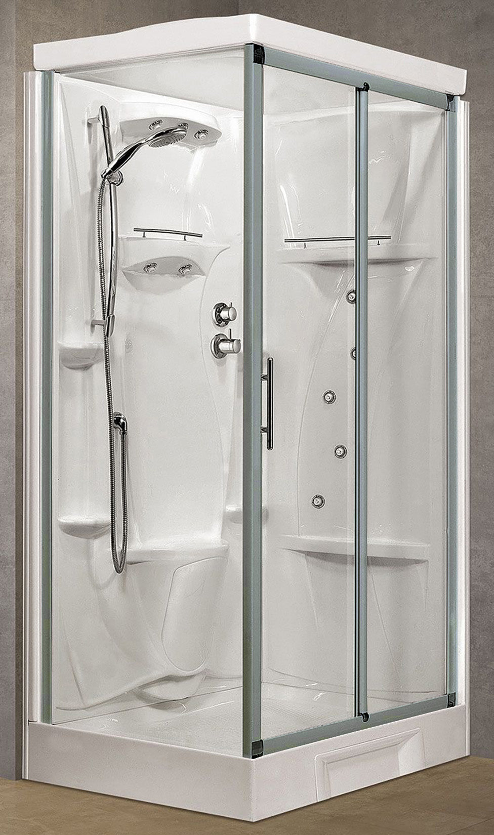 Novellini New Holiday 2P+F Idromassaggio Con Tettuccio e Soffione 120x80 cm Cabina Doccia Multifunzione Apertura 1 Anta Scorrevole 1 Fissa Linea 1 Laterale Reversibile Miscelatore Termostatico Vetro Trasparente Profilo Silver Rotopioggia Altezza 217,5 cm